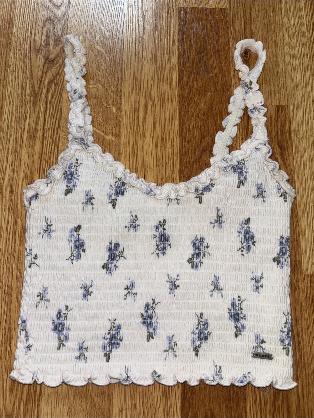 Hollister Smocked White Floral Crop Tank Top with Ruffled Straps